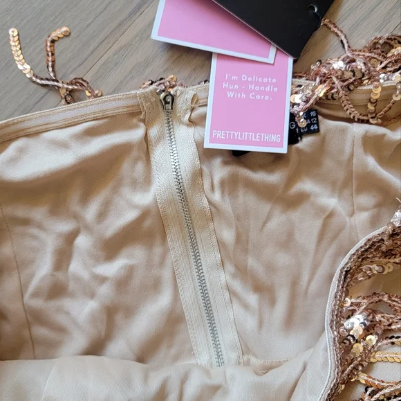 Gold fringe strapless dress sequins pretty little thing size large 12 - Picture 5 of 5